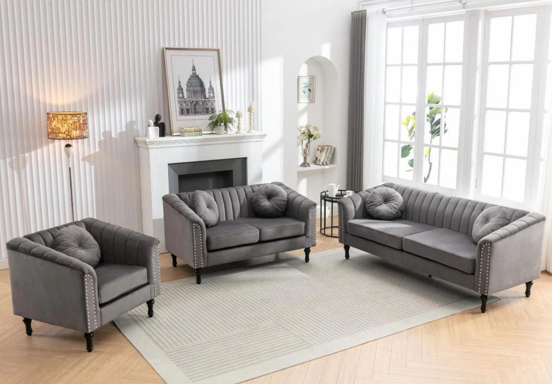 GREY VELVET SOFA SET (8088) - Chair Only